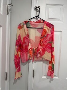 Floral Ruffle Tie-Front Sheer Crop Top - Pink